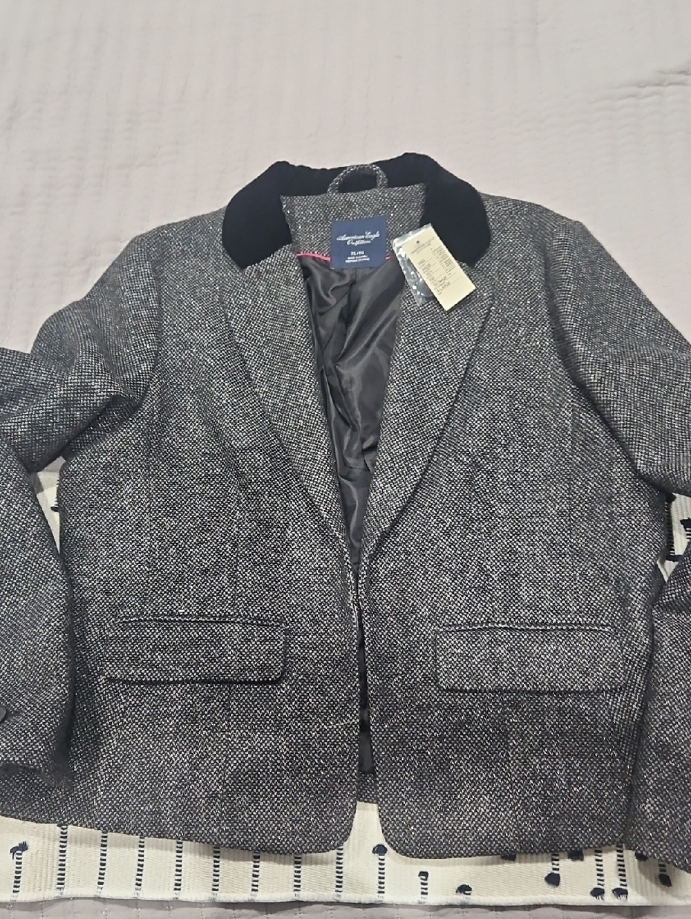 American Eagle Outfitters Black & Gray Tweed Blazer with Contrast Collar
